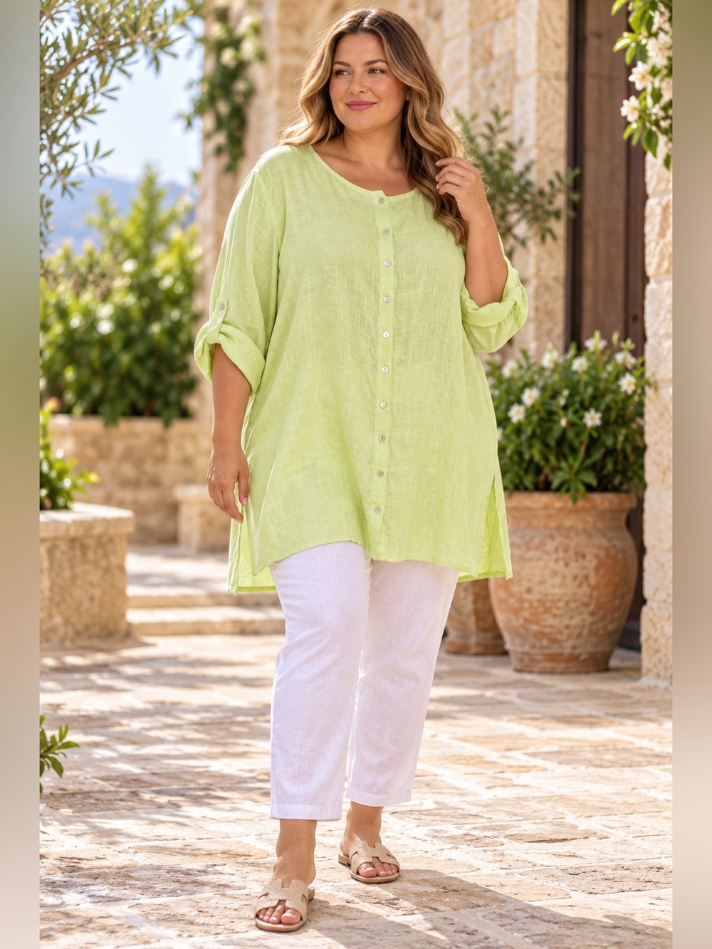 Tahari 100% Linen Lime Green Button Front Tunic Blouse Plus Size 2X